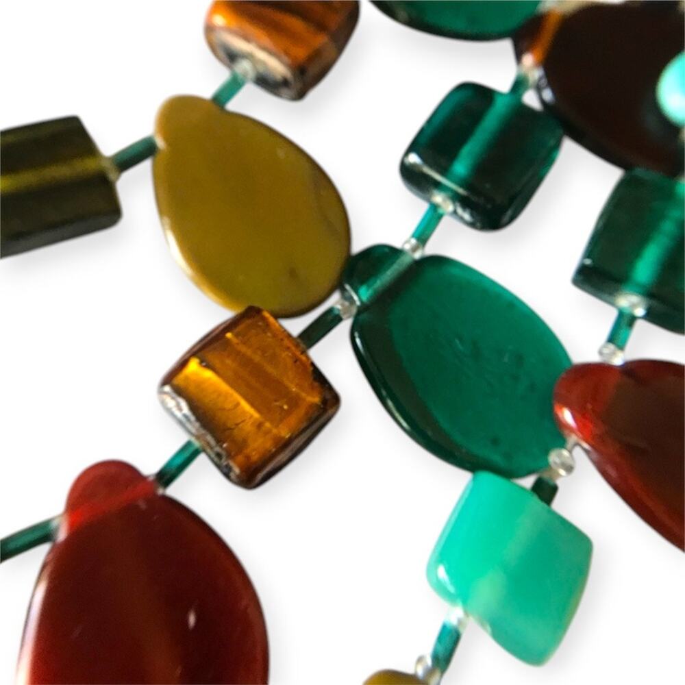 Teal, copper, and brown tone glass leaves layered statement necklace